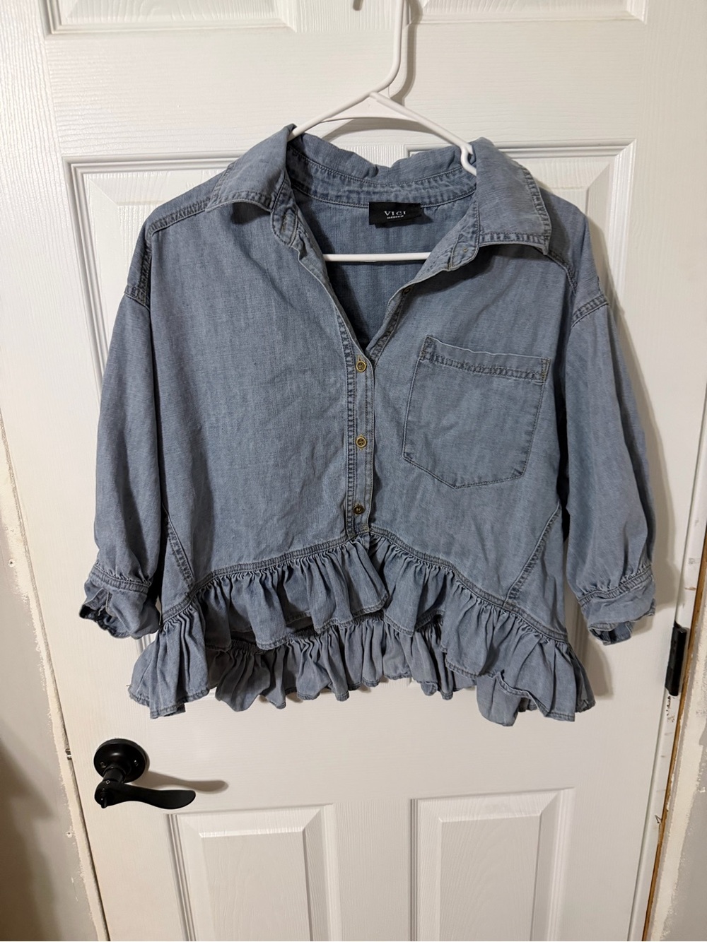Vici Light Blue Ruffle Hem Button-Front Kids Shirt